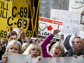 Pro-pipline supporters rally outside a public hearing of the Senate Committee on Energy, the Environment and Natural Resources regarding Bill C-69 in Calgary, Alta., Tuesday, April 9, 2019. Canadian senators are trying to make more than 100 amendments to the government's environmental assessment bill that overhauls how major energy and transportation projects are reviewed.THE CANADIAN PRESS/Jeff McIntosh