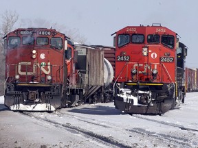 Canadian National locomotives are seen in Montreal on Monday, February 23, 2015. The federal Liberals have laid out their proposal for rules around voice and data recorders on locomotives, specifying when companies can use the devices to address safety concerns and how workers' privacy will be protected.