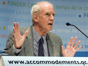 Philosopher Charles Taylor speaks to the media in Montreal on May 22, 2008. Renowned philosopher Charles Taylor will be among the first to speak during legislative hearings into Quebec's secularism bill that begin today in Quebec City. The Coalition Avenir Quebec government has set aside six days for public consultations on the controversial legislation, which is strongly supported by the province's francophone majority but criticized by civil rights advocates. Bill 21 seeks to prohibit some public sector workers from wearing religious symbols on the job.