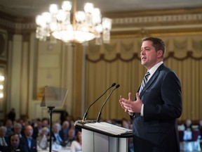 Conservative Leader Andrew Scheer speaks about his economic vision at an event hosted by the Canadian Club of Vancouver in Vancouver, on Friday May 24, 2019. Scheer says if he is elected prime minister in the fall, he'll want to make sure the CBC is telling enough Canadian stories.