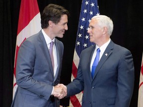 Prime Minister Justin Trudeau meets with American Vice-President Mike Pence at the National Governor's Association (NGA) Special Session - Collaborating to Create Tomorrow's Global Economy, in Providence, R.I., Friday, July 14, 2017. Trudeau and Pence are expected to discuss the ratification process for the new North American trade agreement when they meet today in Ottawa.
