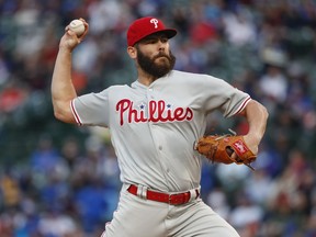 Philadelphia Phillies starting pitcher Jake Arrieta delivers against the Chicago Cubs during the first inning of a baseball game, Monday, May 20, 2019, in Chicago.