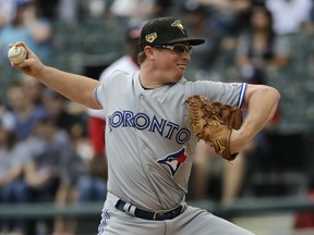 Toronto Blue Jays starting pitcher Trent Thornton throws against the Chicago White Sox during the first inning of a baseball game in Chicago, Sunday, May 19, 2019.