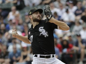 Chicago White Sox starting pitcher Lucas Giolito throws against the Toronto Blue Jays during the first inning of a baseball game in Chicago, Saturday, May 18, 2019.