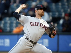 Cleveland Indians starting pitcher Shane Bieber throws to a Chicago White Sox batter during the first inning of a baseball game Monday, May 13, 2019, in Chicago.