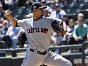 Cleveland Indians starter Carlos Carrasco pitches against the Chicago White Sox during the first inning of a baseball game, Tuesday, May 14, 2019, in Chicago.