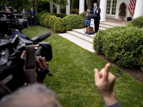 President Donald Trump speaks in the Rose Garden at the White House in Washington, Wednesday, May 22, 2019.