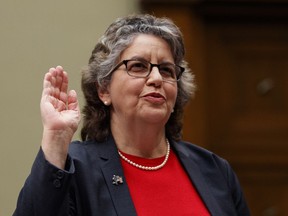 U.S. Federal Election Commission Commissioner Ellen Weintraub is sworn in to testify on Capitol Hill in Washington, Wednesday, May 22, 2019, before the House Oversight and Reform National Security subcommittee hearing on "Securing U.S. Election Infrastructure and Protecting Political Discourse."