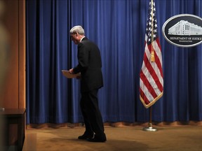 Special counsel Robert Mueller leaves the podium after speaking at the Department of Justice Wednesday, May 29, 2019, in Washington, about the Russia investigation.