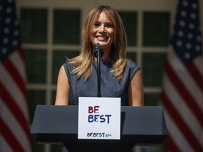 First lady Melania Trump speaks during a program for her "Be Best" initiative in the Rose Garden of the White House, Tuesday, May 7, 2019, in Washington.