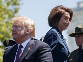 President Donald Trump and Speaker of the House Nancy Pelosi of Calif., attend the 38th Annual National Peace Officers' Memorial Service at the U.S. Capitol, Wednesday, May 15, 2019, in Washington. Pelosi said Wednesday that the U.S. must avoid war with Iran and she warned the White House has "no business" moving toward a Middle East confrontation without approval from Congress.