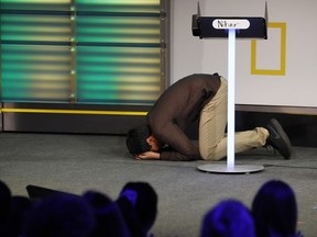 Nihar Janga, 14, of Austin, Texas, reacts as he wins the National Geographic GeoBee, Wednesday, May 22, 2019, at National Geographic in Washington. Janga is also a past co-winner of the National Spelling Bee, in 2016 when he won in a tie at eleven-years-old.