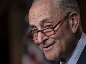 Senate Minority Leader Chuck Schumer, D-N.Y., talks to reporters after the Senate passed a $19 billion disaster aid bill to help a number of states and Puerto Rico recover after a series of hurricanes, floods and wildfires, at the Capitol in Washington, Thursday, May 23, 2019. Republican leaders agreed to Democrats' demand to toss out President Donald Trump's $4.5 billion request to address a record influx of Central American migrants who are fleeing violence in Guatemala, Honduras and elsewhere and coming to the United States.