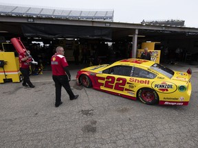 Joey Logano pulls into the garage area during practice for the NASCAR Cup Series auto race, Saturday, May 4, 2019, at Dover International Speedway in Dover, Del.