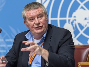 Michael Ryan, Executive Director, WHO Health Emergencies Programme, speaks about the Update on WHO Ebola operations in the Democratic Republic of the Congo (DRC), at the European headquarters of the United Nations in Geneva, Switzerland, Friday, May 03, 2019.
