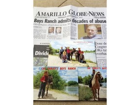 In this photo provided by Steve Smith on May 10, 2019, a display of items Smith kept related to Cal Farley's Boys Ranch are shown. Smith and his brother, Rick, went to the ranch in 1957. They are among men who say they were abused at the ranch. The display shows the front page of the Amarillo Globe-News that was published after The Guardian wrote about the allegations. Also shown are postcards Smith has kept. The postcard on top shows, Gregg Votaw, left front, Steve Smith, left rear, Rusty Votaw, middle, Rick Smith, right rear, and an unidentified person kneeling on right front. The postcard on bottom left shows Rick Smith. The postcard on bottom right shows Steve Smith. (AP Photo/Steve Smith)