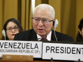 Venezuela's Ambassador Jorge Valero, President of the Conference on Disarmament, delivers a speech, during the Conference on Disarmament, at the European headquarters of the United Nations in Geneva, Switzerland, Tuesday, May 28, 2019.