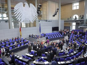 Lawmakers attend a polling at the German federal parliament, Bundestag, at the Reichstag building in Berlin, Germany, Friday, May 17, 2019. German lawmakers have approved a resolution denouncing the Boycott, Divest and Sanctions movement against Israel and describing its methods as anti-Semitic.