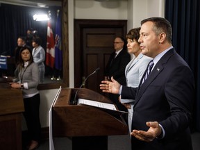 Alberta Premier Jason Kenney and Minister of Energy Sonya Savage discuss preserving Canada's economic prosperity act, which enables Alberta to restrict energy exports, during a press conference, in Edmonton on Wednesday May 1, 2019.