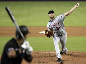 New York Mets starting pitcher Steven Matz (32) throws to Miami Marlins' Brian Anderson in the first inning during a baseball game, Saturday, May 18, 2019, in Miami.