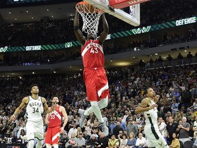Toronto Raptors forward Pascal Siakam (43) dunks during late second half action in Game 5 of the NBA Eastern Conference final in Milwaukee against the Milwaukee Bucks on Thursday, May 23, 2019.