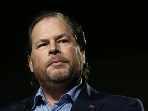 FILE - In this photo taken Tuesday, Oct. 30, 2018, Salesforce CEO Marc Benioff speaks at a luncheon in San Francisco. Salesforce CEO Marc Benioff and his wife Lynne are donating $30 million to UCSF to research the causes and potential solutions for homelessness. The five-year initiative housed at the University of California, San Francisco will conduct academic research into homelessness and train future researchers in the field.