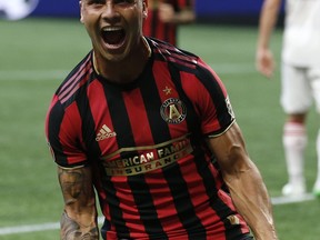 Atlanta United's Hector Villalba reacts after scoring against Toronto FC during the first half of an MLS soccer match Wednesday, May 8, 2019, in Atlanta.