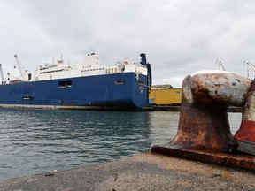Saudi Arabian freighter Bahri Yambu is docked in Genoa's port, Italy, Monday, May 20, 2019. The freighter allegedly carrying weapons that could be used in the war in Yemen is scheduled to load further cargo before departing for the Saudi port of Jeddah late Monday despite protests by harbor workers, according to the Italian news agencies.