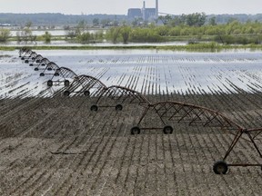 In this May 10, 2019 photo, flood waters from the Missouri River cover fields north of Hamburg, Iowa. The communities that flooded this spring after levees failed along the Missouri River will likely remain exposed to flooding for at least several more months. More than 40 levees were damaged but only a handful of construction contracts to fix them have been issued. Two of those are for repairs to levees near Hamburg, Iowa, but even the initial repairs won't be done until after the spring rainy season.