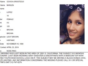 CORRECTS VICTIM'S LAST NAME TO OCHOA-LOPEZ INSTEAD OF OCHOA-URIOSTEGUI - This undated Chicago Police missing person flier shows Marlen Ochoa-Lopez. Ochoa-Lopez, who had gone to a Chicago home in response to a Facebook offer of free baby clothes, was strangled and her baby cut from her womb, police and family members said.