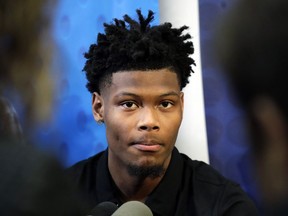Cameron Reddish from Duke, speaks with the media at the NBA draft basketball combine in Chicago, Thursday, May. 16, 2019.