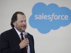 Salesforce chairman Marc Benioff speaks during a news conference, Thursday, May 16, 2019, in Indianapolis. The business software company says it aims to provide skills training to 500,000 people as part of a Trump administration push to boost career opportunities among Americans.