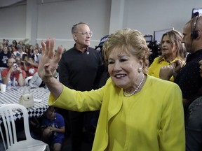 Former Sen. Elizabeth Dole waves to the crowd before appearing on NBC's "Today" show at the Indianapolis Motor Speedway, Thursday, May 23, 2019, in Indianapolis.