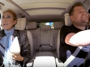 Celine Dion clutches her shoes in gratitude after a passerby declines their offer of keeping the pop icon's fashionwear, during the latest installment of 'Carpool Karaoke'.