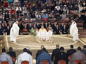 In this Nov. 11, 2017, photo, a Shinto ceremony is held to pray for the safety of sumo wrestlers before the start of the Kyushu Grand Sumo tournament in Fukuoka, southwestern Japan.
