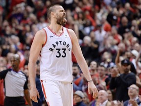 Toronto Raptors centre Marc Gasol (33) reacts during a stoppage in the second overtime period of Game 3 NBA Eastern Conference finals basketball action against the Milwaukee Bucks in Toronto on Sunday, May 19, 2019.