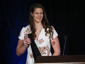 Kiera Van Ryk, of UBC, celebrates being named female U SPORTS Athletes of the Year for the 2018-19 season in Calgary, Alta., Thursday, May 2, 2019.THE CANADIAN PRESS/Jeff McIntosh