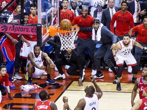 Kawhi Leonard watches as his game-winning ball goes in, to clinch the series in Game 7, as the Toronto Raptors defeat the Philadelphia 76ers, in Toronto on May 13, 2019.