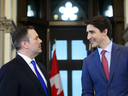 Alberta Premier Jason Kenney meets with Prime Minister Justin Trudeau in Ottawa on May 2, 2019.