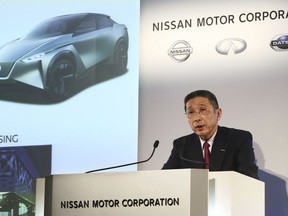 Nissan Motor Co. Chief Executive Hiroto Saikawa speaks during a press conference at its Global Headquarters in Yokohama, near Tokyo Tuesday, May 14, 2019. Japanese automaker Nissan, reeling from the arrest of its former Chairman Carlos Ghosn, reported Tuesday that annual profit nose-dived to less than half of what it earned the previous year, and forecast even dimmer results going forward.