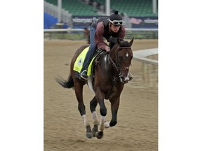 Kentucky Derby hopeful Omaha Beach is ridden during a workout at Churchill Downs Tuesday, April 30, 2019, in Louisville, Ky. The 145th running of the Kentucky Derby is scheduled for Saturday, May 4.