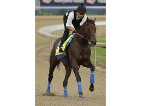 Kentucky Derby entrant Game Winner is ridden during a workout at Churchill Downs Wednesday, May 1, 2019, in Louisville, Ky. The 145th running of the Kentucky Derby is scheduled for Saturday, May 4.