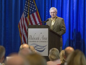 U.S. Senate Majority Leader Mitch McConnell, R-Ky., speaks at the Paducah Chamber luncheon at Walker Hall, Tuesday, May 28, 2019, in Paducah, Ky.