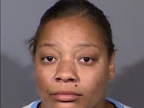 FILE - This undated Clark County Detention Center booking photo shows Cadesha Michelle Bishop of Las Vegas. On Monday, May 6, 2019, Bishop, 25, was arrested on a murder charge in the death of 74-year-old Serge Fournier. Authorities say he was fatally injured in a fall to a sidewalk when Bishop shoved him and his walker off a public transit bus on March 21, 2019. The Clark County coroner ruled Fournier's April 23, 2019 death a homicide resulting from his injuries. (Clark County Detention Center via AP)