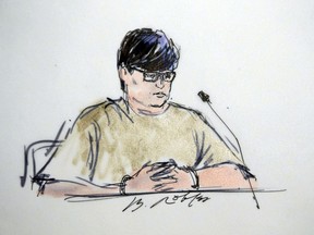 FILE - In this Dec. 17, 2015, courtroom sketch, Enrique Marquez appears in federal court in Riverside, Calif. The man accused of buying the rifles a husband and wife used to kill 14 people in the San Bernardino terrorist attack in 2015 will ask to withdraw his guilty plea. Enrique Marquez's lawyer submitted papers Wednesday, May 22, 2019 saying his client will file a motion under seal to withdraw a 2017 guilty plea to providing material support to terrorists. Prosecutors are expected to challenge the request.