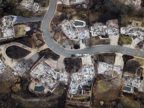 FILE - This Dec. 3, 2018, file photo shows homes leveled by the Camp Fire line Valley Ridge Drive in Paradise, Calif. California fire authorities say that Pacific Gas and Electric equipment was responsible for the deadliest and most destructive wildfire in state history. Cal Fire said in a press release issued Wednesday, May 15, 2019, that electrical transmission lines in the Pulga area sparked the Nov. 8 fire that wiped out most of the town of Paradise and killed 85 people.