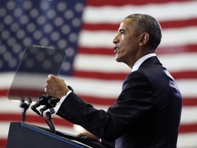 FILE - In this Dec. 6, 2016, file photo, President Barack Obama speaks at MacDill Air Force Base in Tampa, Fla., about the administration's approach to counterterrorism campaign. A stretch of road in Los Angeles will be renamed after former President Barack Obama during a festival and unveiling ceremony Saturday, May 4, 2019. Obama Boulevard will replace Rodeo Road, a 3 ½-mile street that runs from Culver City to mid-city Los Angeles, passing the city's historic black neighborhood.