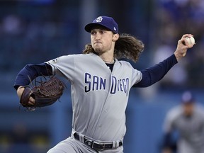 San Diego Padres starting pitcher Matt Strahm throws to the plate during the first inning of a baseball game against the Los Angeles Dodgers on Wednesday, May 15, 2019, in Los Angeles.