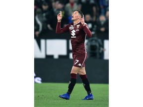 Torino's Sasa Lukic celebrates after scoring the first goal of the game during the Italian Serie A soccer match between Juventus FC and Torino FC at the Allianz Stadium in Turin, Italy, Friday, May 3, 2019.