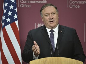 US Secretary of State Mike Pompeo, right, speaks at a joint press conference with  Britain's Foreign Secretary Jeremy Hunt at the Foreign Office in central London, Wednesday May 8, 2019. U.S. Secretary of State Mike Pompeo is in London for talks with British officials on the status of the special relationship between the two nations amid heightened tensions with Iran and uncertainty over Britain's exit from the European Union.